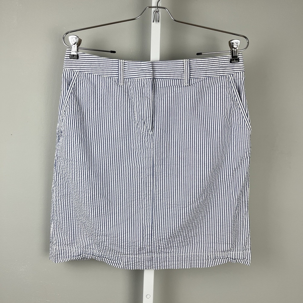 L.L. Bean Seersucker Skirt Womens 8P Blue White Stripe Favorite Fit Straight